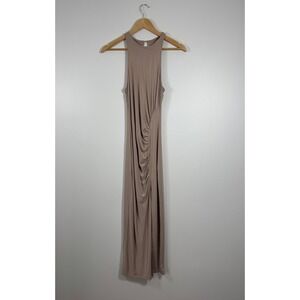 Lulus Maxi Dress Small Taupe Ruched Side High Slit High Neck Jersey Sleeveless